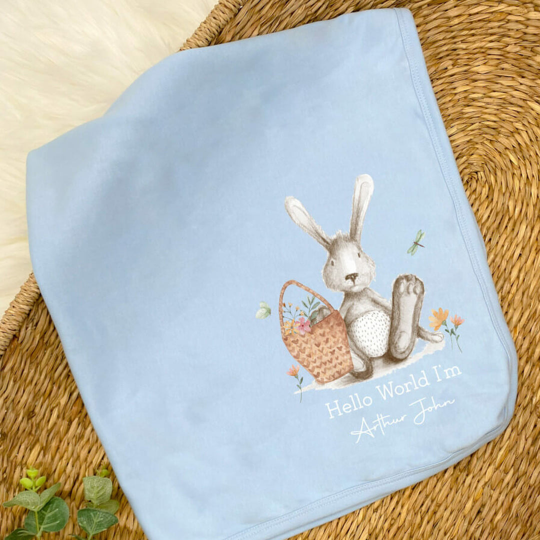 Hello World Little Bunny Personalised Blue Babygrow, Blanket or Hat