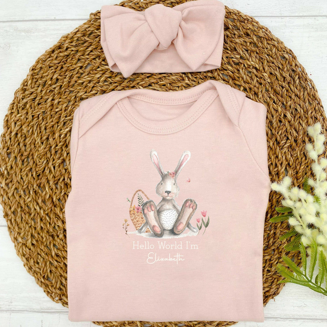 Personalised Hello World Bunny Babygrow with optional Heaband & Blanket