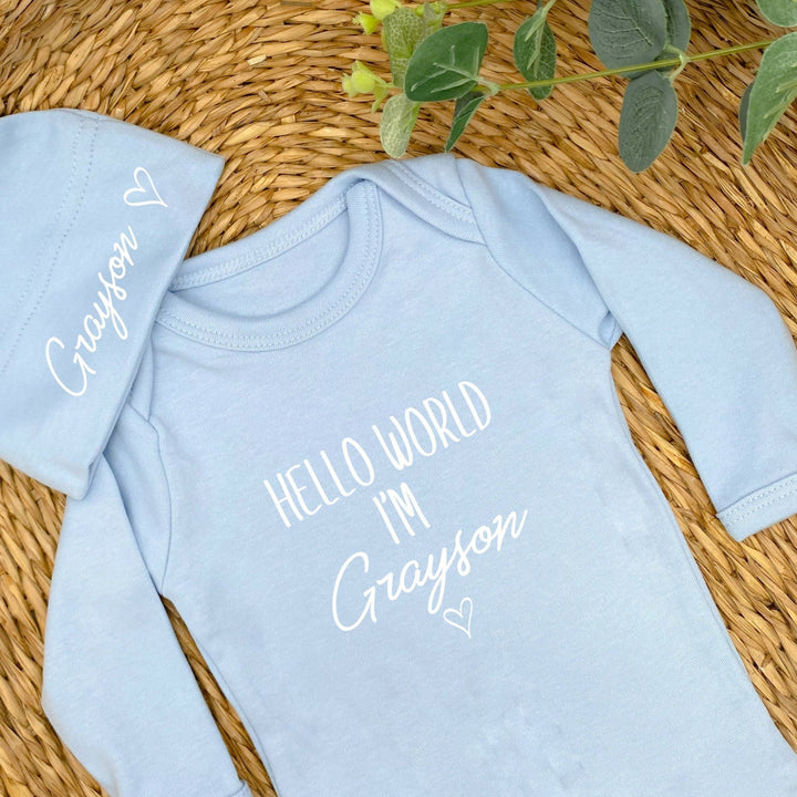 Personalised Hello World Blue Babygrow With Optional Blanket or Hat