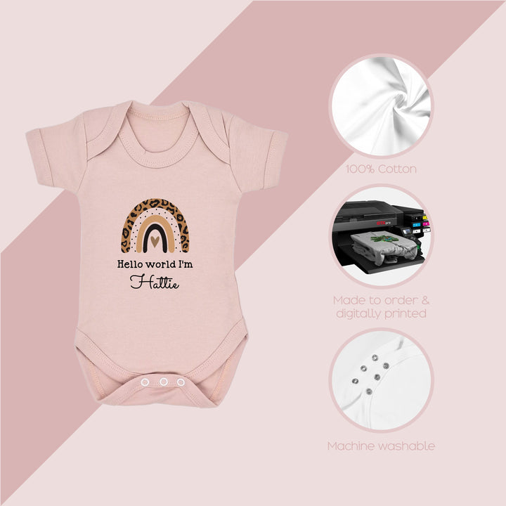 Personalised Hello World Leopard Rainbow Pink Babygrow/Vest