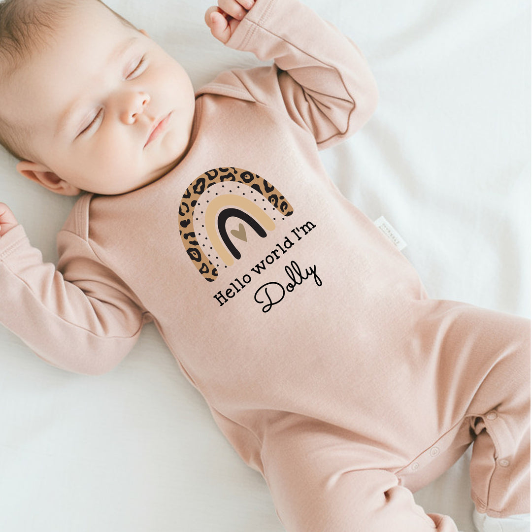 Personalised Hello World Leopard Rainbow Pink Babygrow/Vest