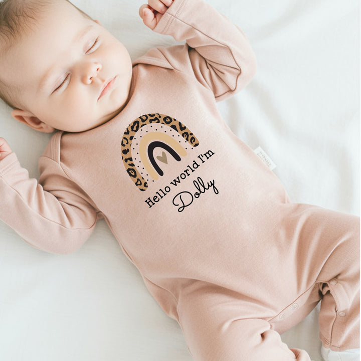 Personalised Hello World Leopard Rainbow Pink Babygrow/Vest