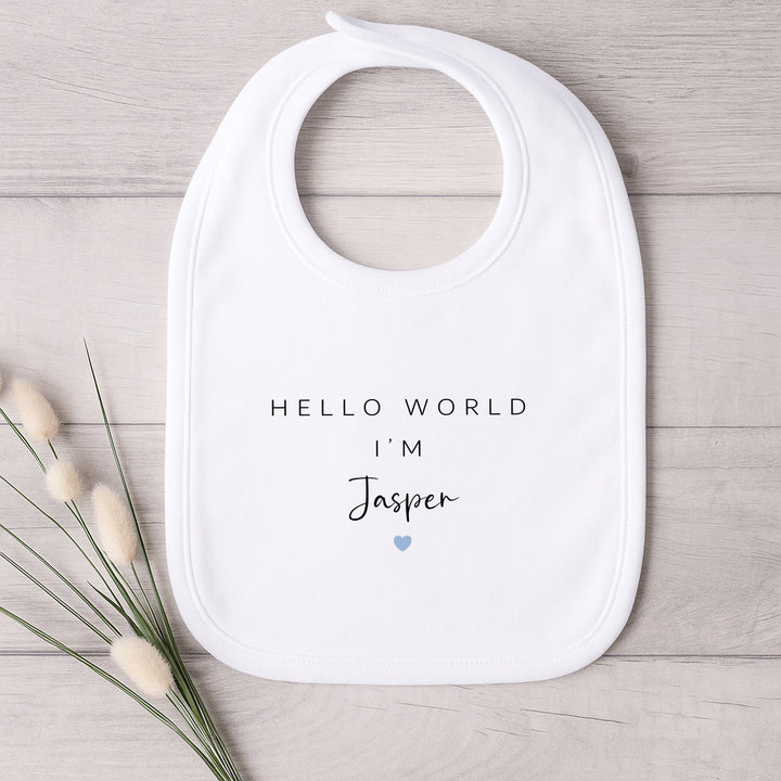 Personalised Blue Heart Hello World Baby Grow, Vest or Bib