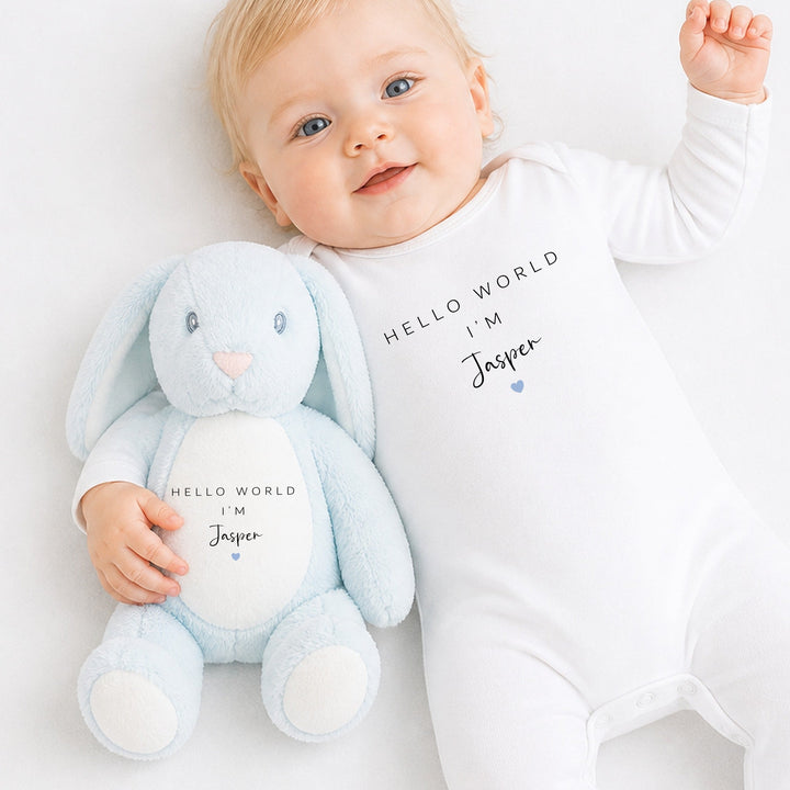Personalised Blue Hello World Baby Grow &amp; Rabbit Set