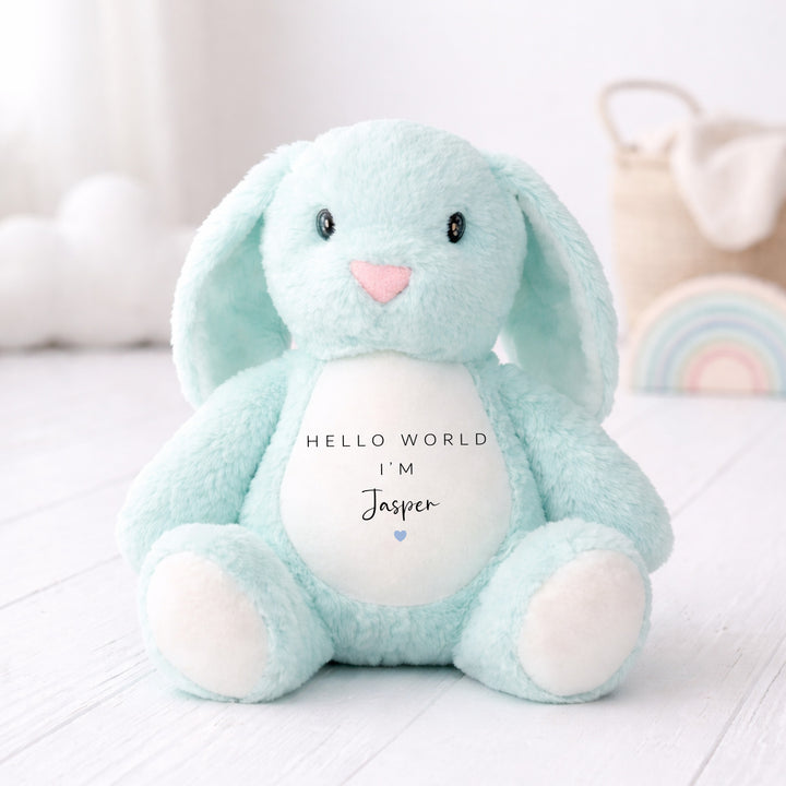 Personalised Blue Hello World Baby Grow &amp; Rabbit Set