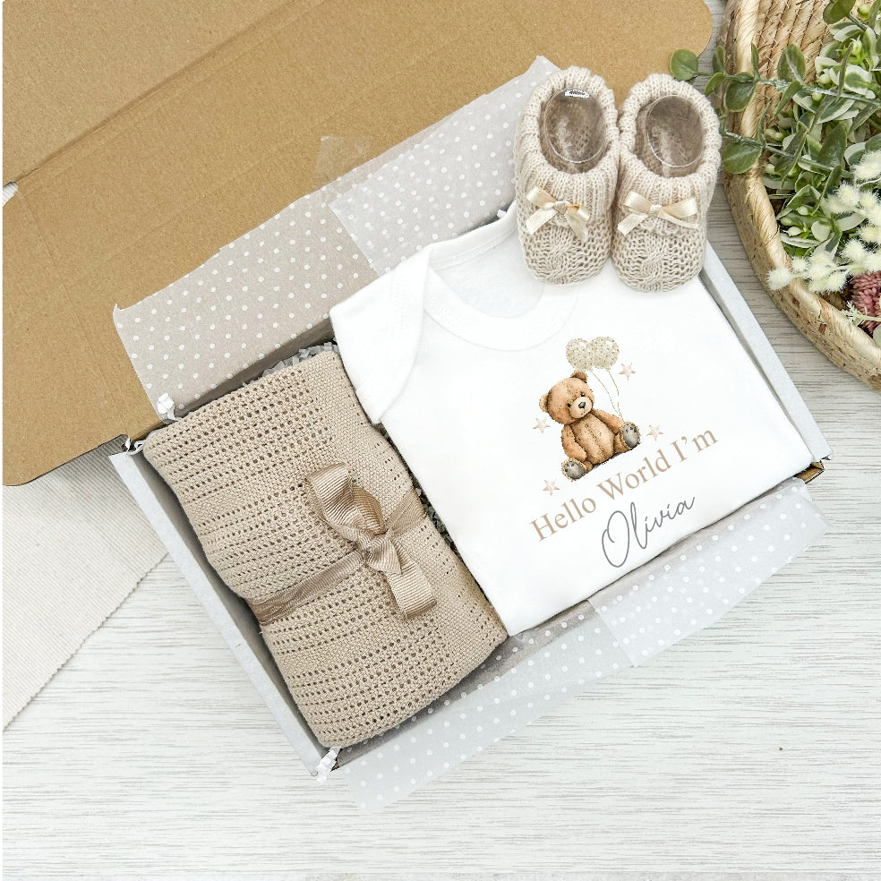 Personalised Unisex Beige Hello World Clothing Hamper Sets