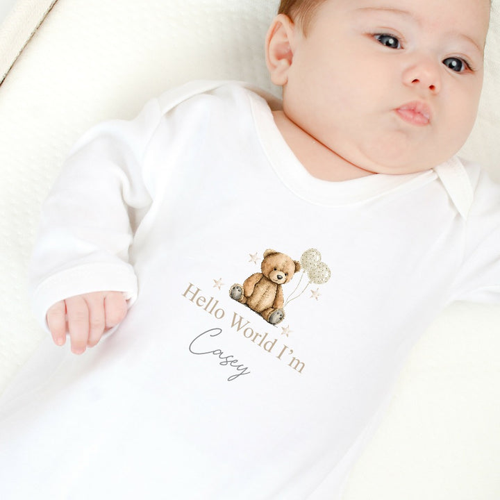 Personalised Hello World Beige Teddy Babygrow/Vest