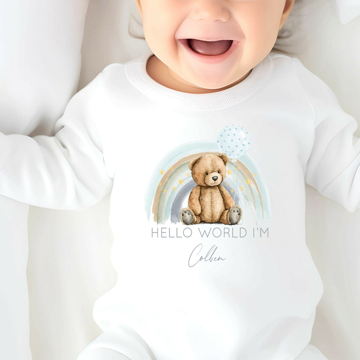 Personalised Blue Rainbow Teddy Hello World Babygrow/Vest