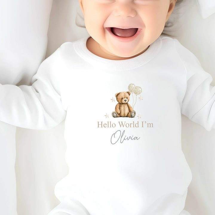 Personalised Hello World Beige Teddy Babygrow/Vest