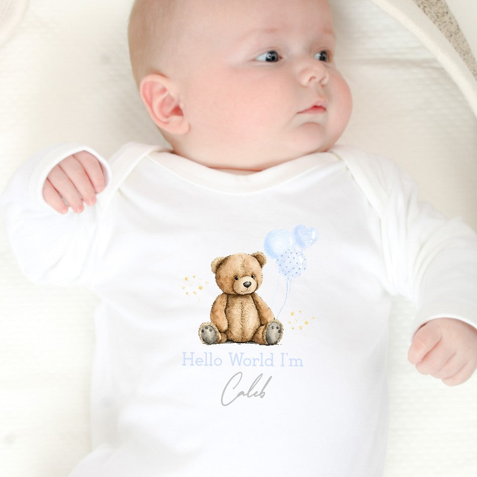 Personalised Blue Teddy Balloon Babygrow/Vest