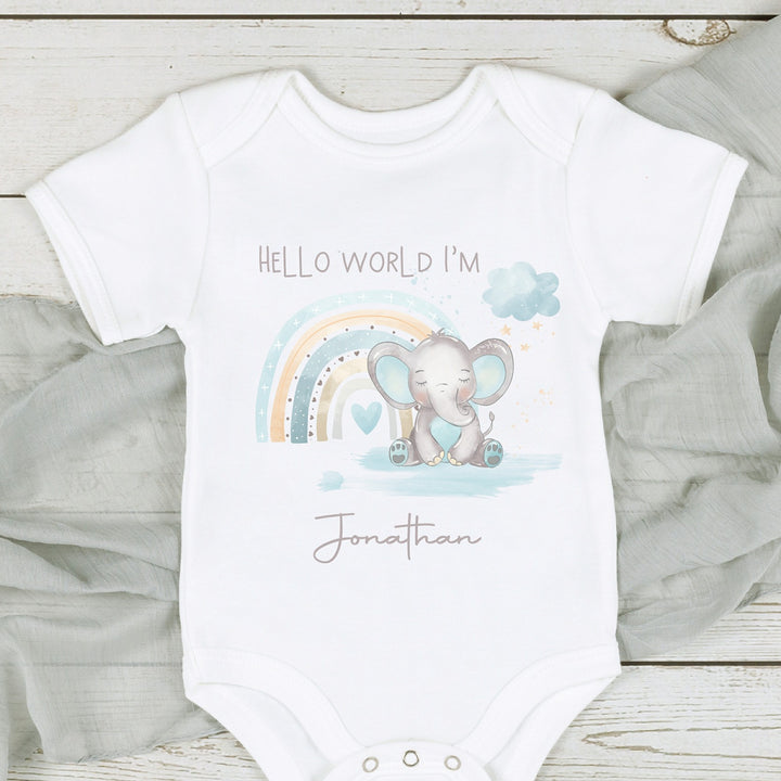 Personalised Hello World Blue Rainbow Elephant Babygrow/Vest