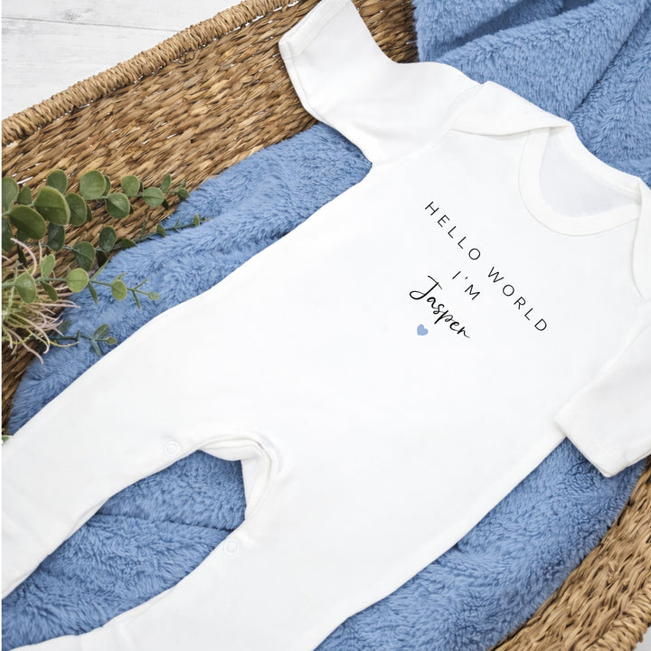 Personalised Blue Heart Hello World Baby Grow, Vest or Bib