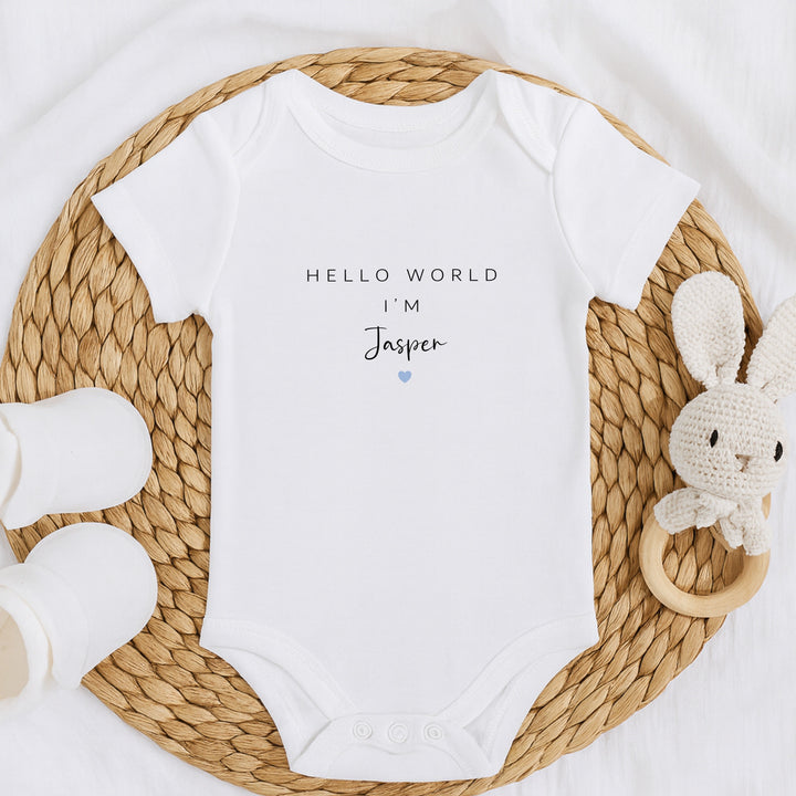 Personalised Blue Heart Hello World Baby Grow, Vest or Bib