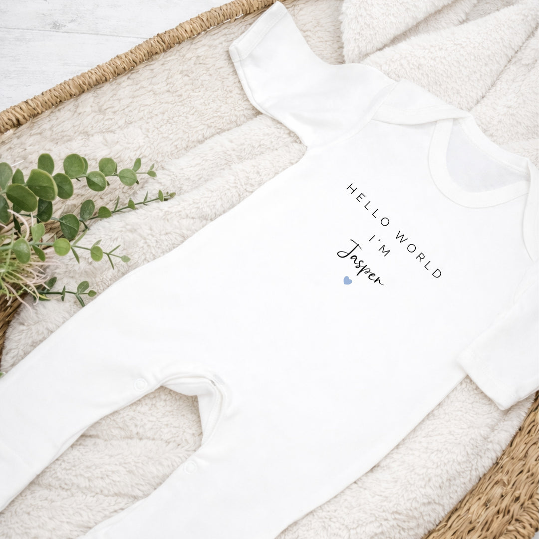 Personalised Blue Hello World Baby Grow &amp; Rabbit Set