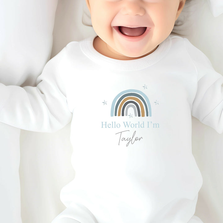 Personalised Blue Rainbow Hello World Babygrow/Vest