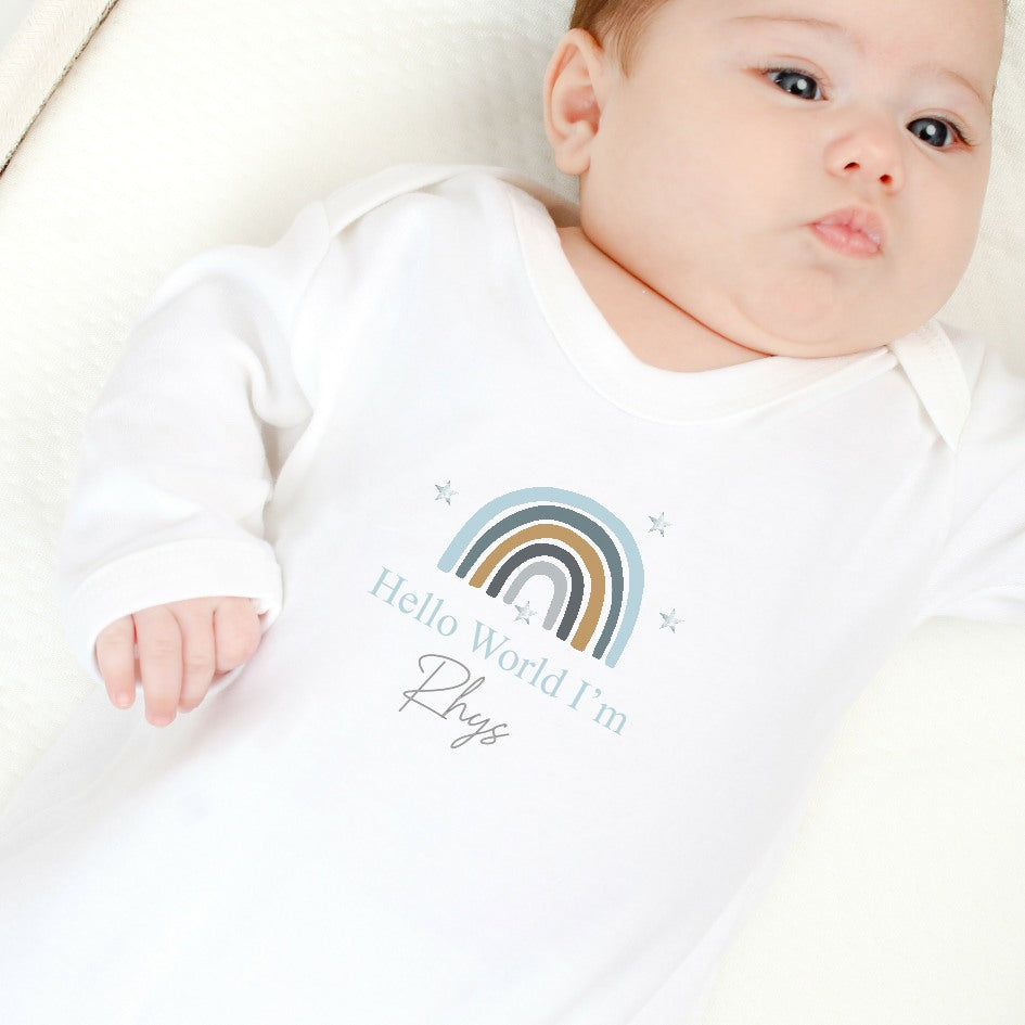 Personalised Blue Rainbow Hello World Babygrow/Vest