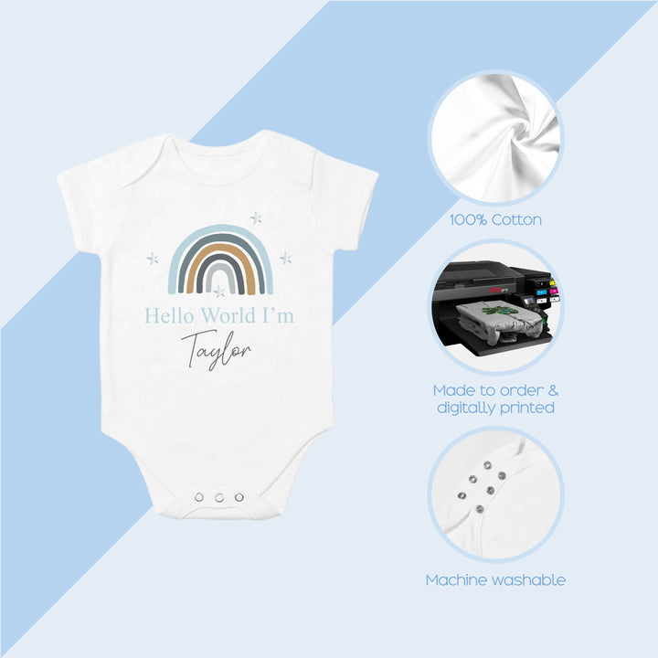 Personalised Blue Rainbow Hello World Babygrow/Vest