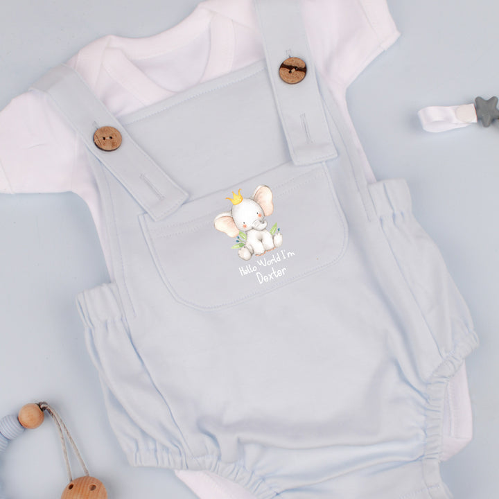 Personalised Hello World Elephant Blue Dungarees