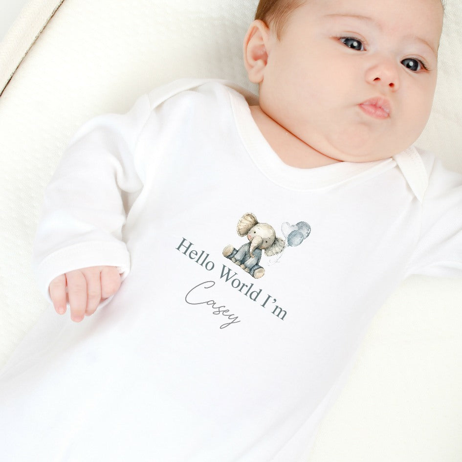 Personalised Blue Elephant Hello World Babygrow/Vest