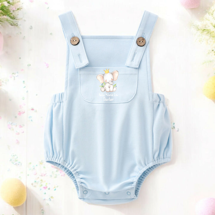 Personalised Hello World Elephant Blue Dungarees