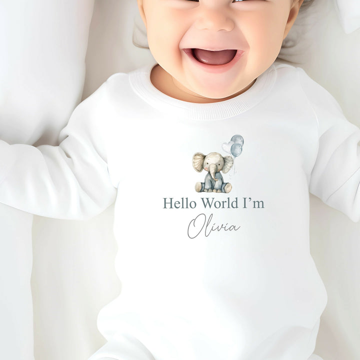 Personalised Blue Elephant Hello World Babygrow/Vest