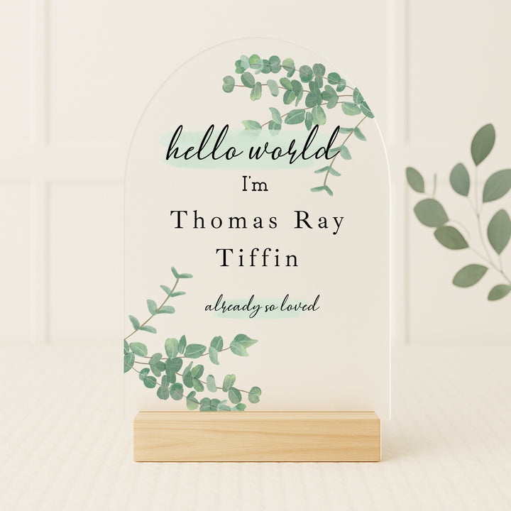 Personalised Hello World Green Leaf Plaque