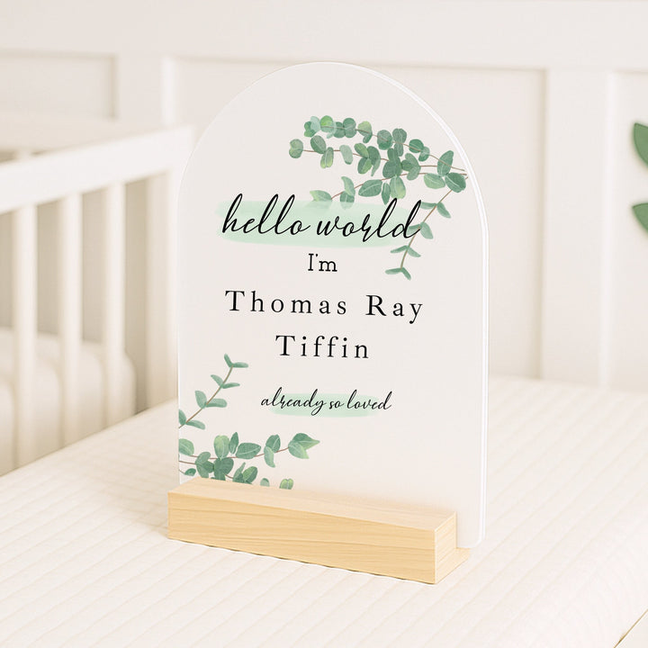 Personalised Hello World Green Leaf Plaque