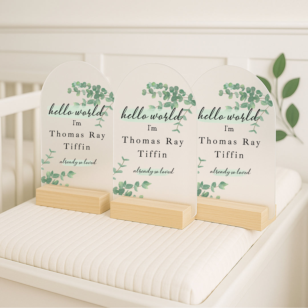 Personalised Hello World Green Leaf Plaque