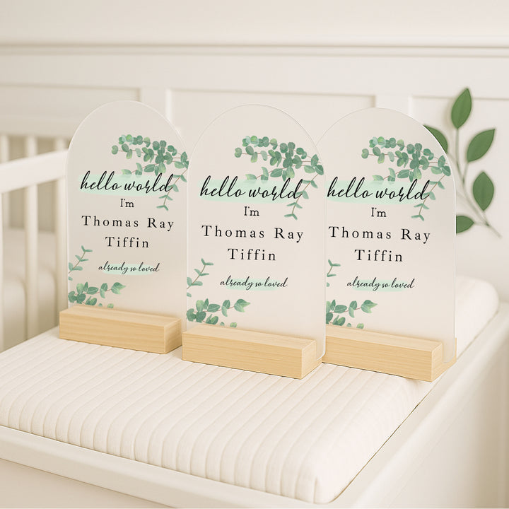 Personalised Hello World Green Leaf Plaque