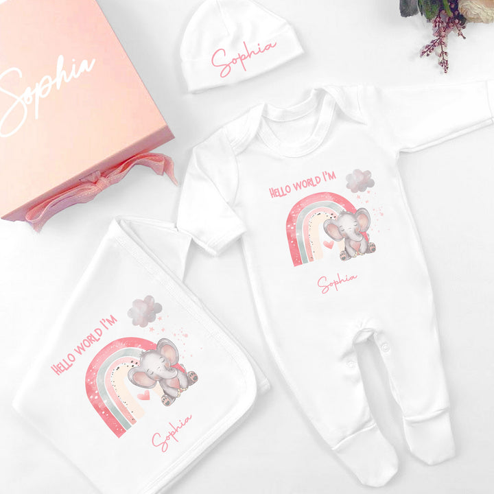 Personalised Hello World Pink Elephant Hamper Clothing Gift Set