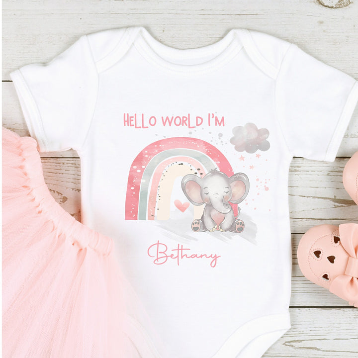 Personalised Hello World Pink Elephant Babygrow/Vest