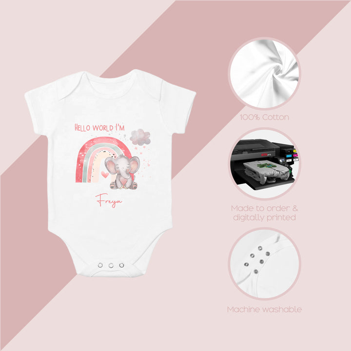 Personalised Hello World Pink Elephant Babygrow/Vest