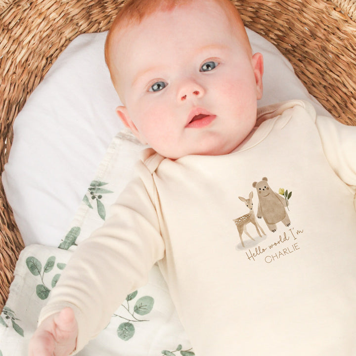 Personalised Hello World Woodland Beige Rainbow Babygrow/Vest