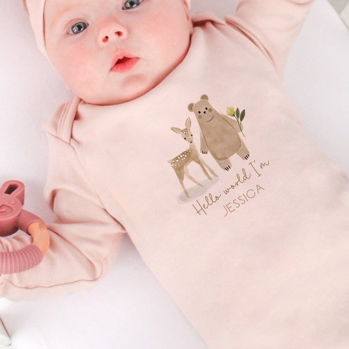 Personalised Hello World Woodland Pink Babygrow with optional Headband