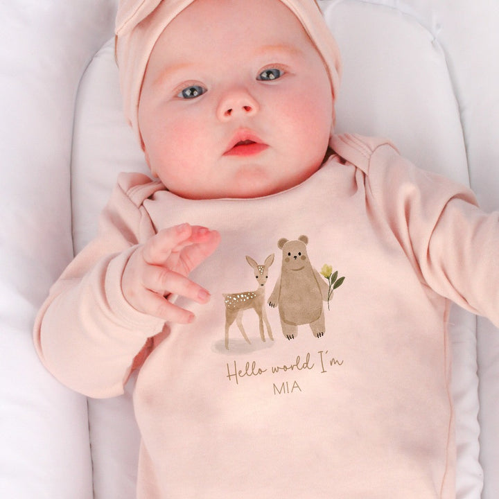 Personalised Hello World Woodland Pink Babygrow with optional Headband