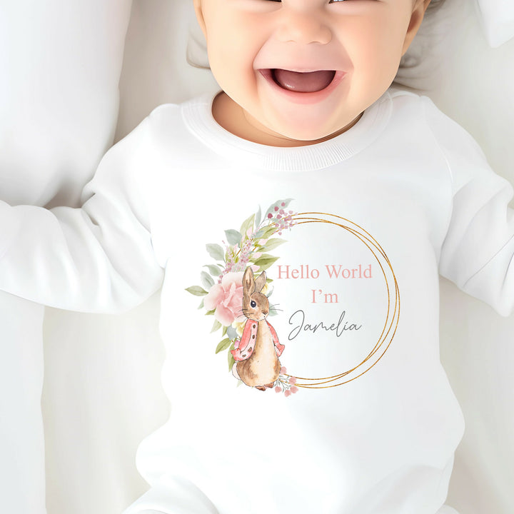 Personalised Pink Rabbit Floral Wreath Babygrow/Vest