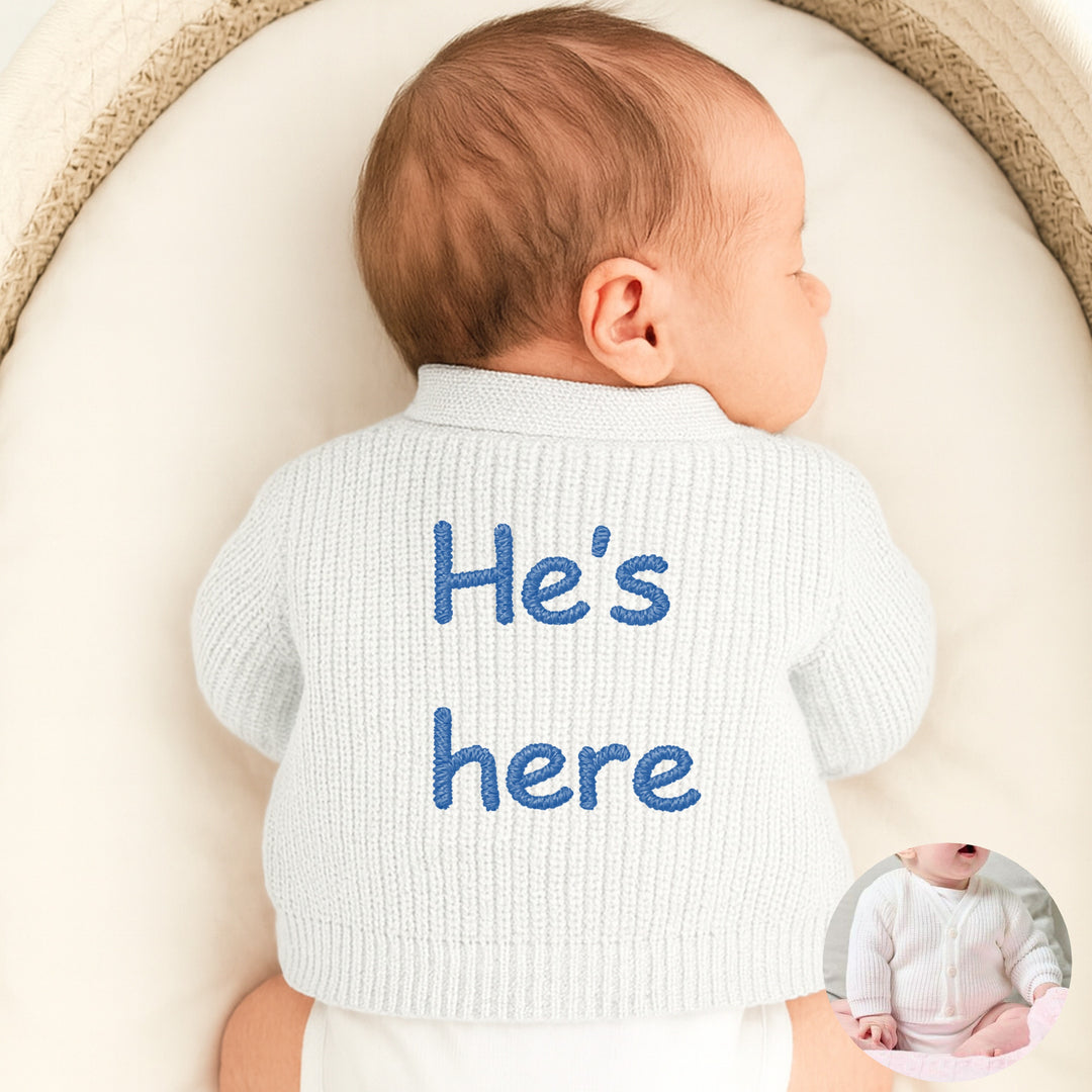 Embroidered He's Here Knitted Cardigan