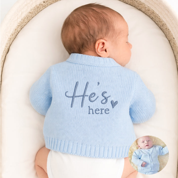 Embroidered He's Here Script Knitted Cardigan