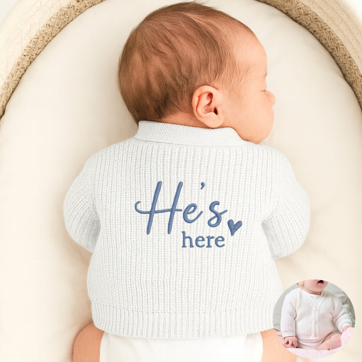 Embroidered He's Here Script Knitted Cardigan