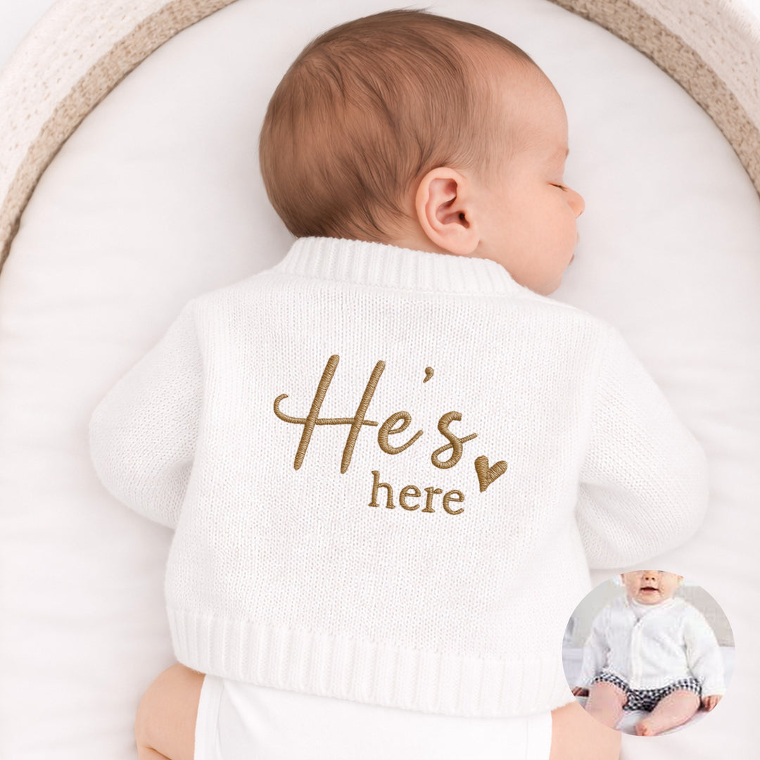 Embroidered He's Here Script Knitted Cardigan
