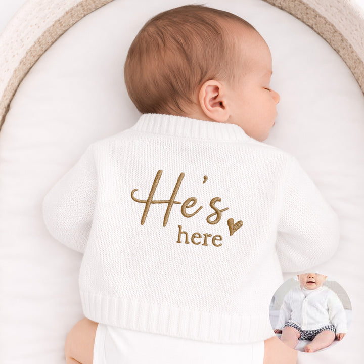 Embroidered He's Here Script Knitted Cardigan