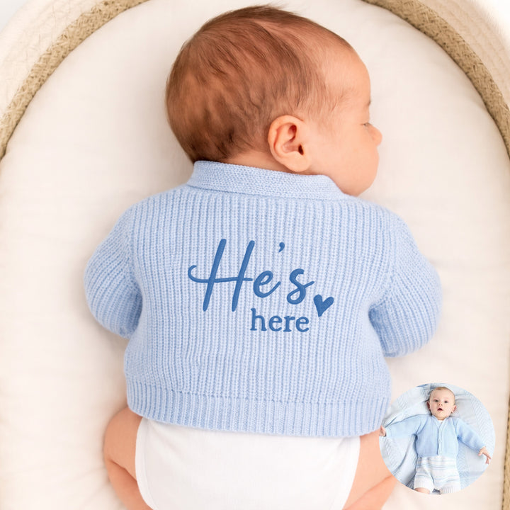 Embroidered He's Here Script Knitted Cardigan