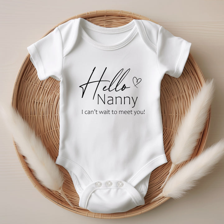 Baby announcement vests that says: Hello Nanny I can't wait to meet you!