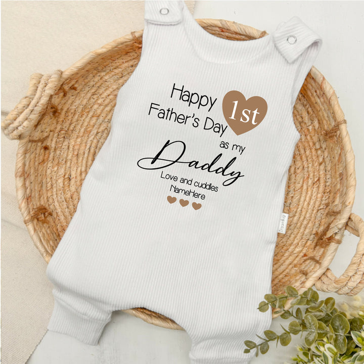 Personalised Happy Father's Day Beige Heart Ribbed Dungarees