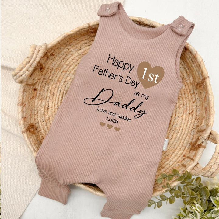 Personalised Happy Father's Day Beige Heart Ribbed Dungarees