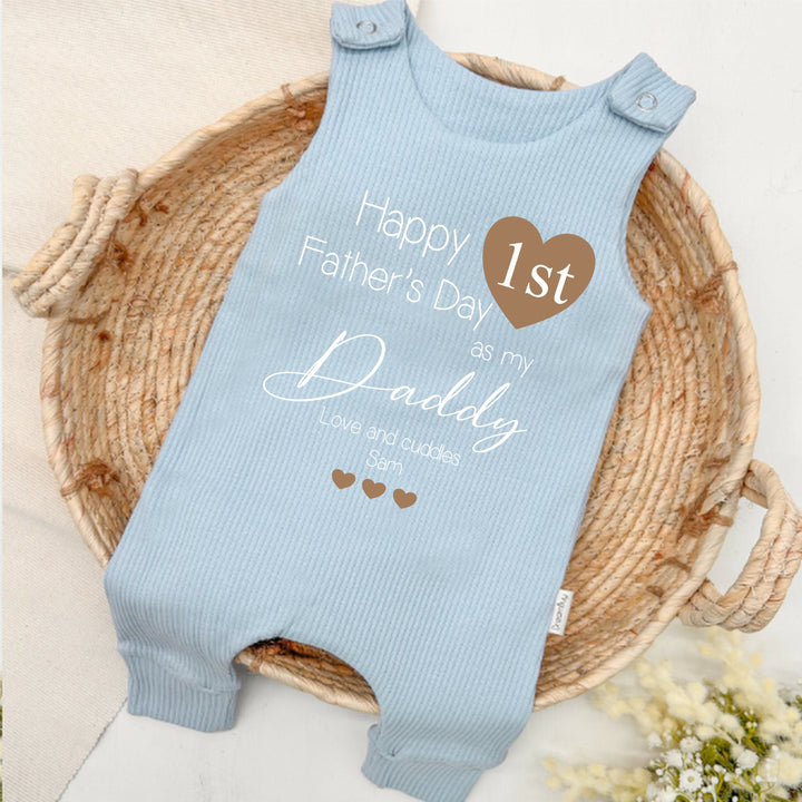 Personalised Brown Heart First Father's Day Ribbed Dungarees