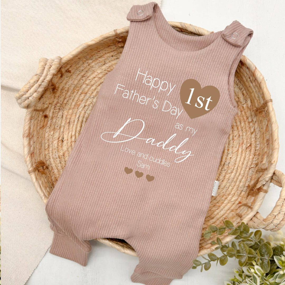 Personalised Brown Heart First Father's Day Ribbed Dungarees