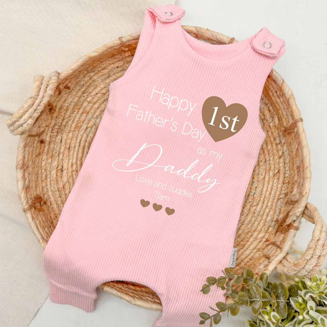 Personalised Brown Heart First Father's Day Ribbed Dungarees