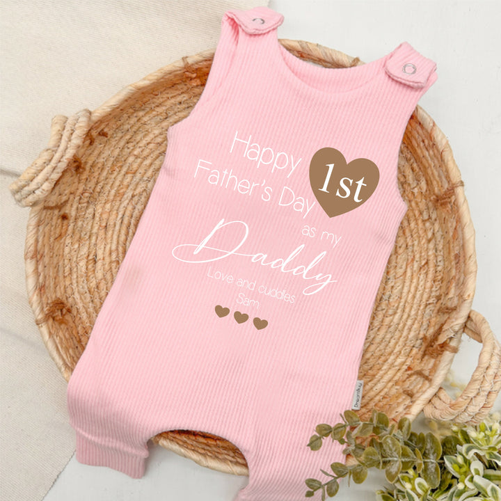 Personalised Brown Heart First Father's Day Ribbed Dungarees