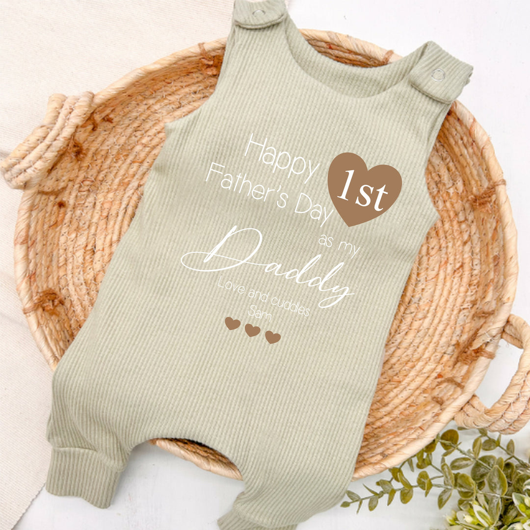 Personalised Brown Heart First Father's Day Ribbed Dungarees